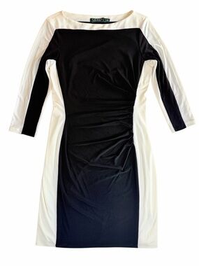 Lauren Ralph Lauren Black Cream Colorblock Ruched Sheath Dress Womens Size 10